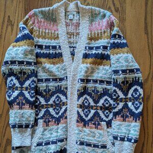 LL Bean Cardigan Sweater Cotton Ragg Fair Isle Open Front Women Large